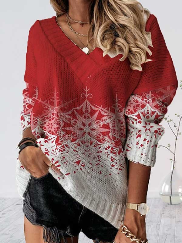 Women's Pullover Sweater Jumper Crochet Knit Print Tunic V Neck Snowflake Christmas Drop Shoulder Fall Winter White