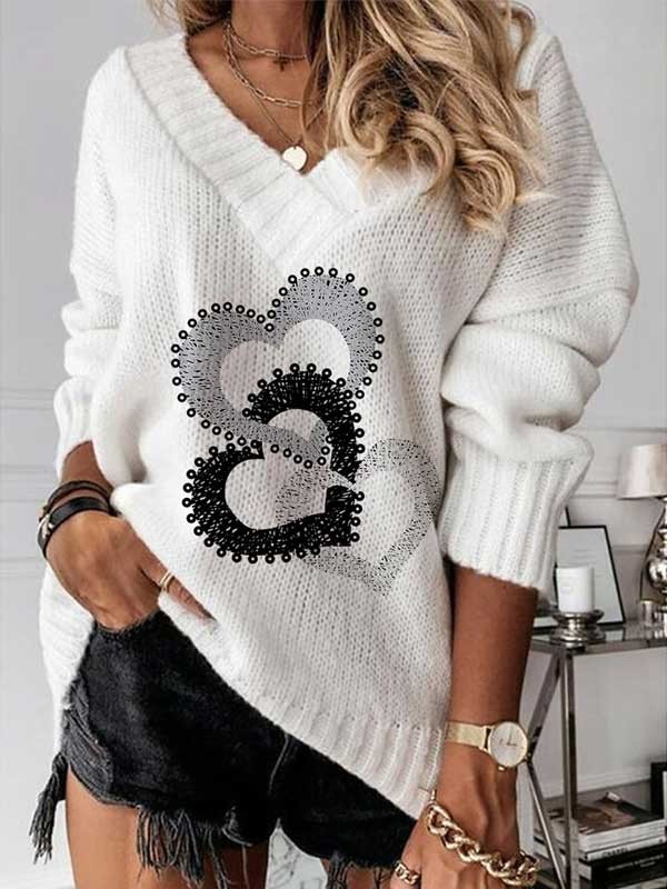 Women's Pullover Sweater Crochet Knit Oversized Braided Tunic V Neck Heart Daily Stylish Casual Drop Shoulder