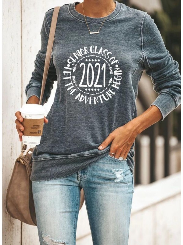 Senior Class of 2021 Slogan Print Women's Gray Sweatshirt Round Neck Long Sleeve Sweatshirt