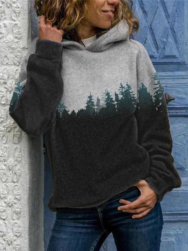 Casual loose forest print long sleeve hoodie