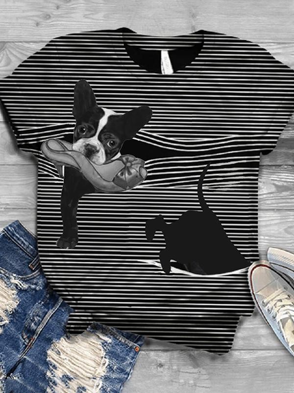Stripe Dog Hea Pattern Cute T-Shirt