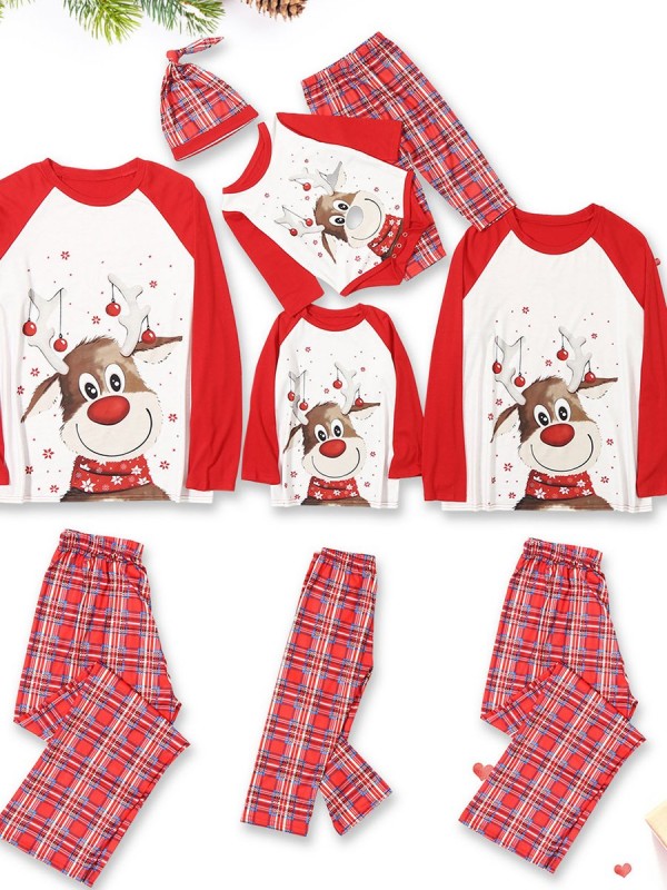 Christmas Cute Deer Print Top And Plaid Pants Family Set