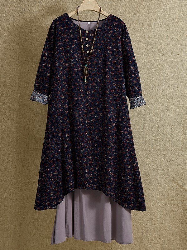 Blue Round Neck Floral Printed Two Layers Long Sleeve Vintage Dresses