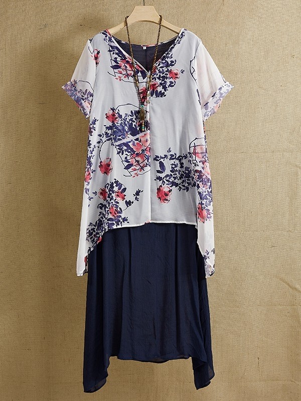 Summer Blue O-neck Floral Print Casual Vintage Short Sleeves Maxi Dress