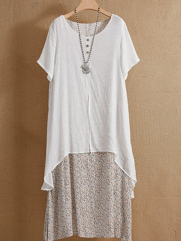 White Summer  O-neck Floral Print Casual Vintage Short Sleeves Maxi Dress