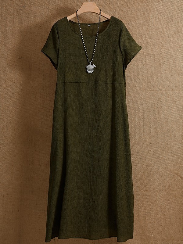 Army Green Round Neck Solid Pockets Casual Short Sleeves Summer Maxi Dress