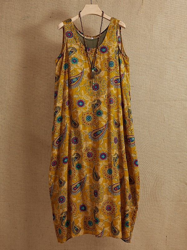 Casual Yellow O-neck Floral Print Vintage Sleeveless Maxi Dress