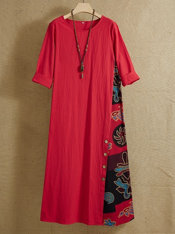 Red O-neck Button Patchwork Print Casual Chic 3/4 Sleeves Maxi Dress