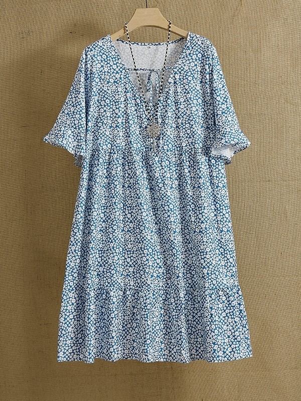 Sky Blue Women  V-neck Floral Print Casual Boho Short Sleeves Short Dress