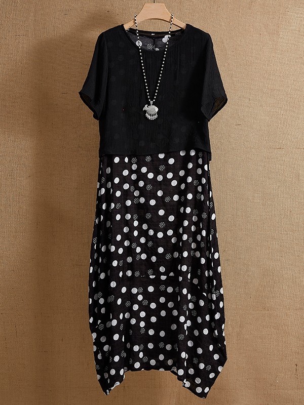 Black Women Round Neck Polka Dot Print Casual Trendy Short Sleeves Maxi Two Piece Dress