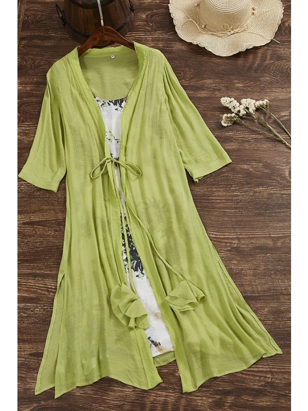 Green Straps Floral Print Drawstring Casual Boho 3/4 Sleeves Midi Two Piece Dress