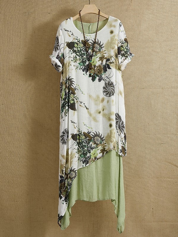 Green Round Neck Floral Print Casual Short Sleeves Loose Maxi Dress