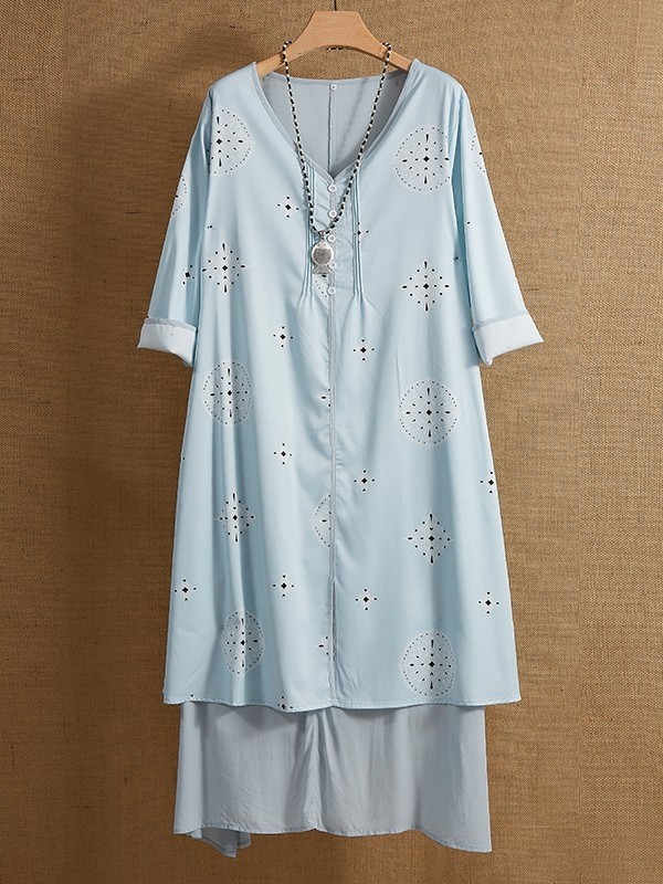 Grey V-neck Geometric Print Casual Vintage Long Sleeves Maxi Dress