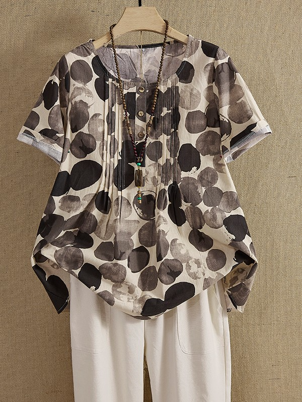 Short Sleeve Printed Crew Neck Buttons Casual Blouse