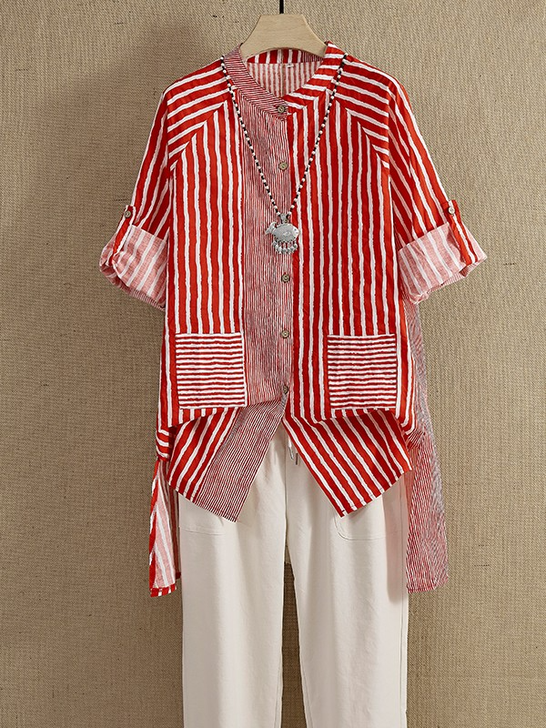 Vintage Striped Red Patchwork Pocket High Low Long Sleeve Plus Size Shirt