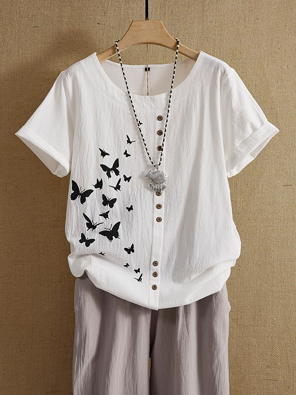 White Butterflies Print Button Short Sleeve Casual Tshirt For Women