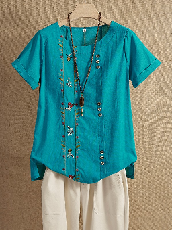 O-neck Bohemian Embroidery Floral Short Sleeve Summer T-Shirt