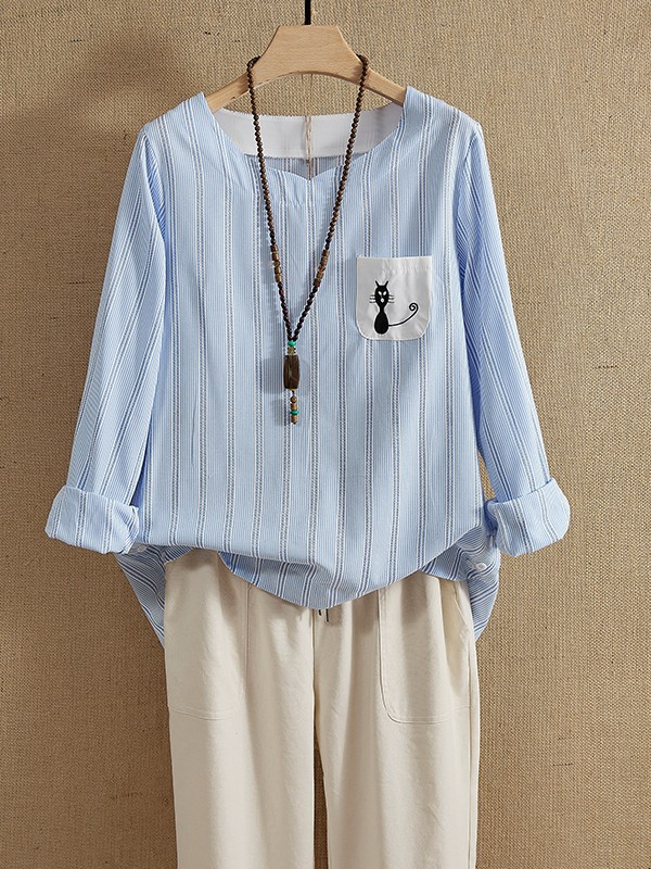 Blue O-neck Side Buttons Stripe Cat Embroidered Patchwork Vintage Long Sleeve Blouse