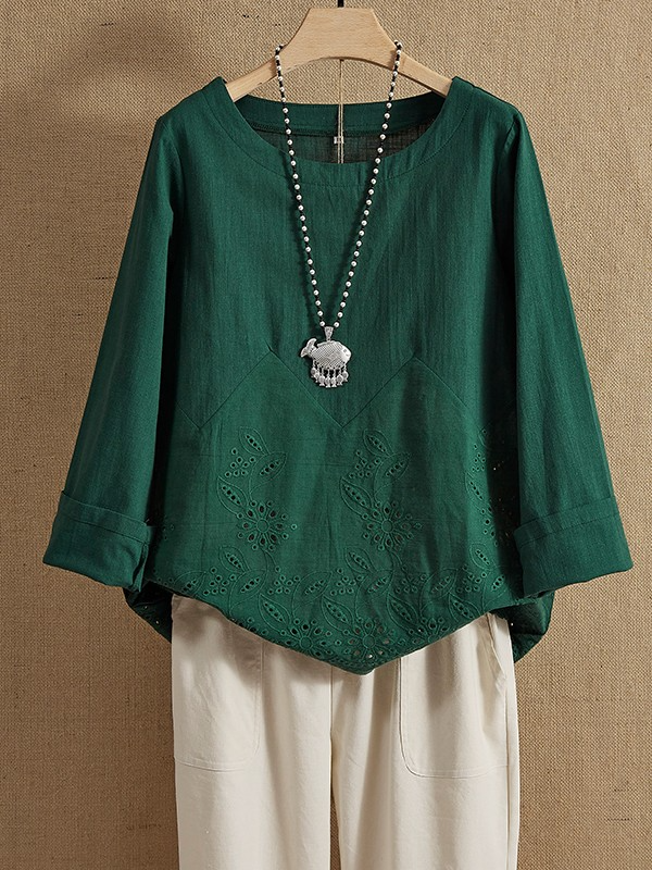 Hollow Dark Green Long Sleeve Embroidered Oneck Vintage Blouse