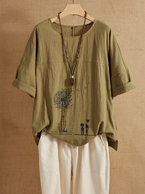 Summer Green O-neck Print Flower Casual Short Sleeve Cotton T-Shirt