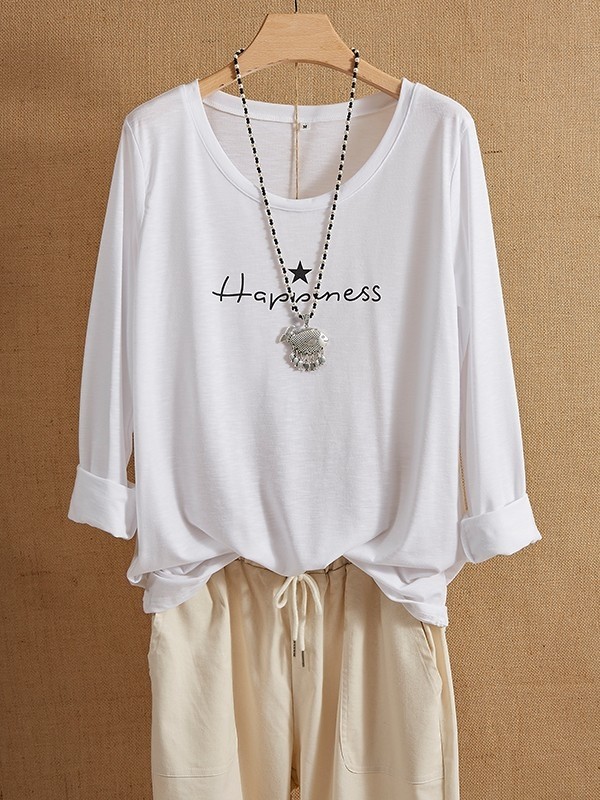 Casual White Round Neck Letter Long Sleeve Shirts & Tops