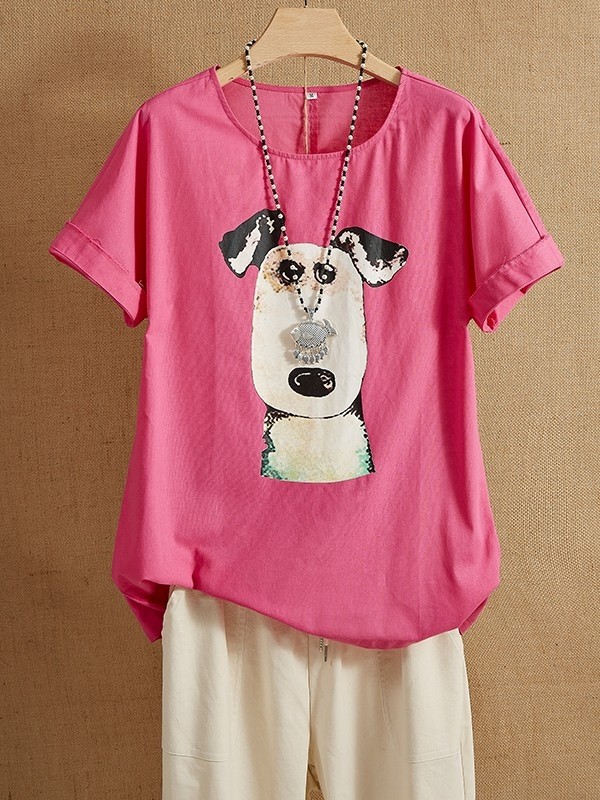 Rose Round Neck Cartoon Dog Print Short Sleeve Casual T-shirt For Women
