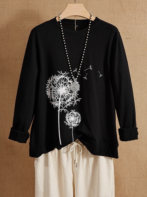 Long Sleeve Black Crew Neck Floral Casual Long Sleeves Shirts & Tops