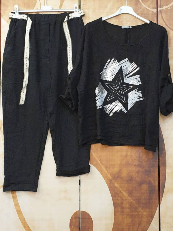 Black Short Sleeve Casual Star CottonBlend Suits