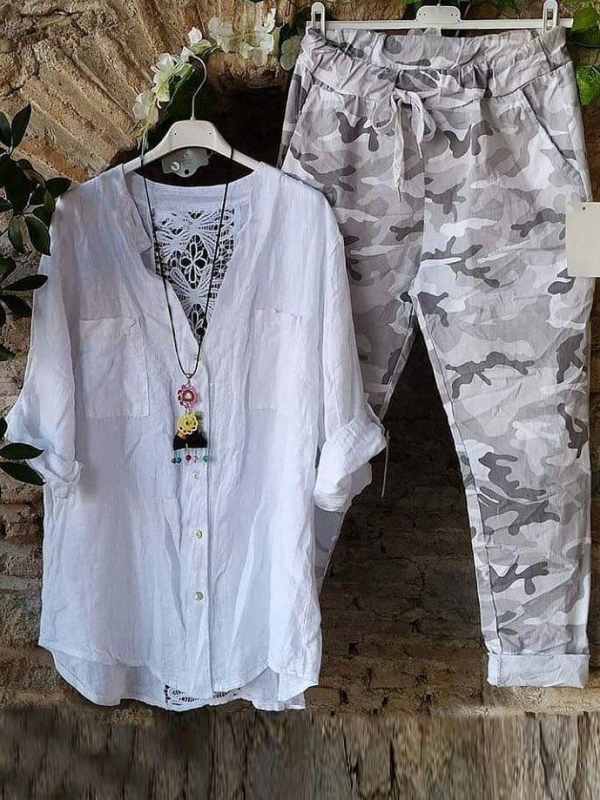 White Summer Soft Printing Two Piece Suit