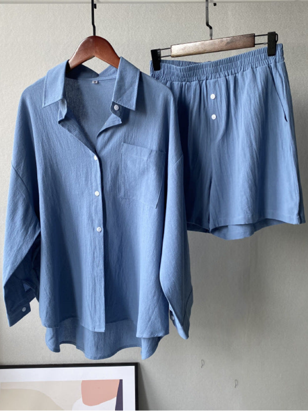 Ladies 2 Piece Retro Plus Size Cotton Linen Shirt Suit High Waist Loose Shorts