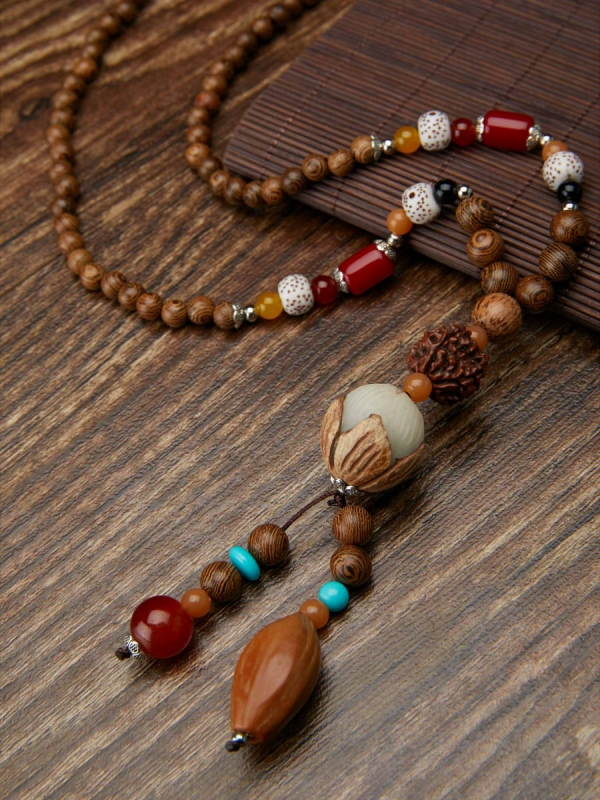 CuteVintage Handmade Wood Buddha Beads Long Necklace
