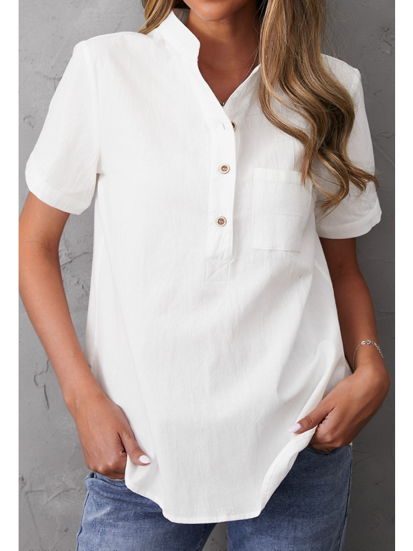 Women's Cotton Solid Color Buttons Casual Stand Collar Short Sleeves White Blouse