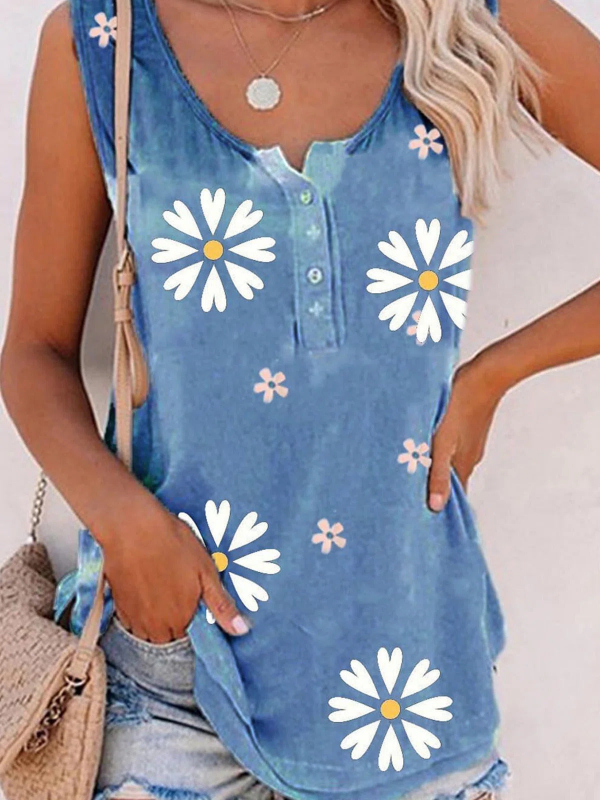 Floral Print Buttons Sleeveless Tank Tops