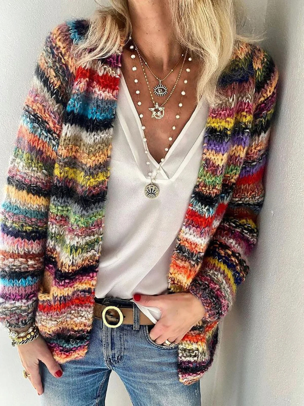 Colorful Stripes Daily Casual Long Sleeves Print Cardigan
