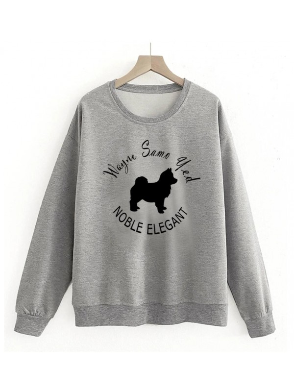 Grey Dog Print Round Neck Swetshirt Top for Women 