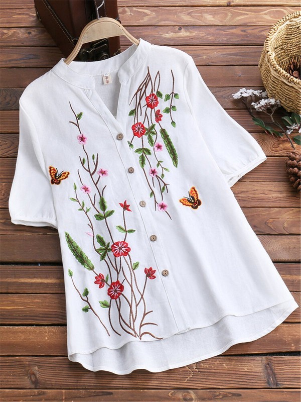 Bestdealfriday Embroidery Cotton Casual Floral Shirts Tops