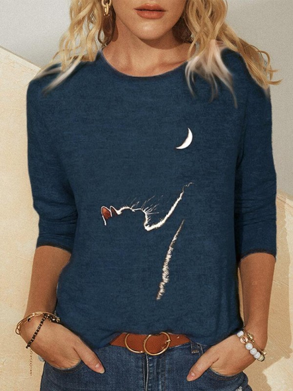 Cat Print Long Sleeves Oneck Casual Tshirt For Women