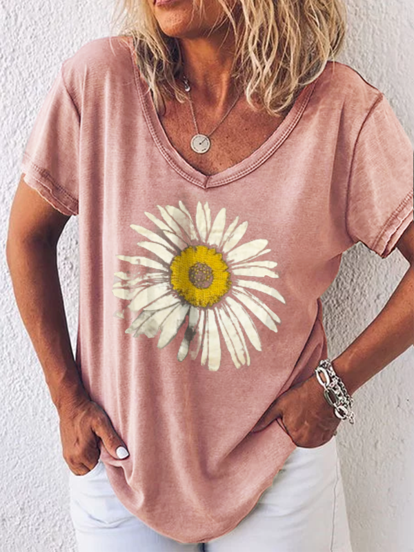 Women Cotton V Neck Printed Casual Short Sleeve Floral TShirts