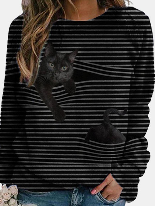 Cat Print Long Sleeve Black Striped Plus Size Tshirt