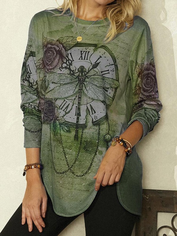 Vintage Printed Long Sleeve Oneck Asymmetrical Blouse For Women