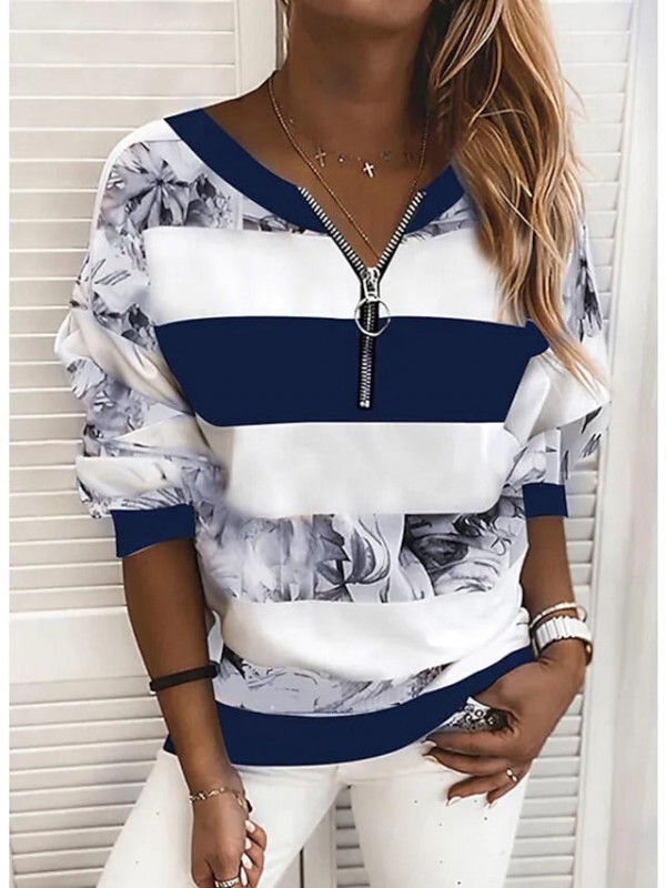 Striped Color Block Long Sleeve Print V Neck Tops Loose Sweatshirt