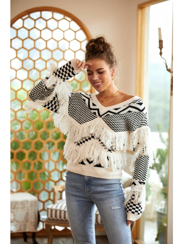 Black-White Tassel V Neck Loose Pullover Sweater