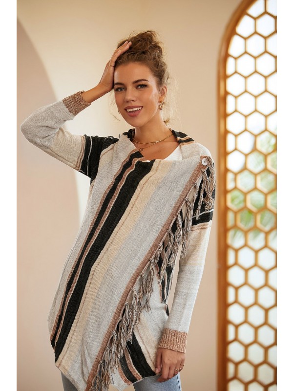 Gray Tasseled Knitted Cape Coat Sweater