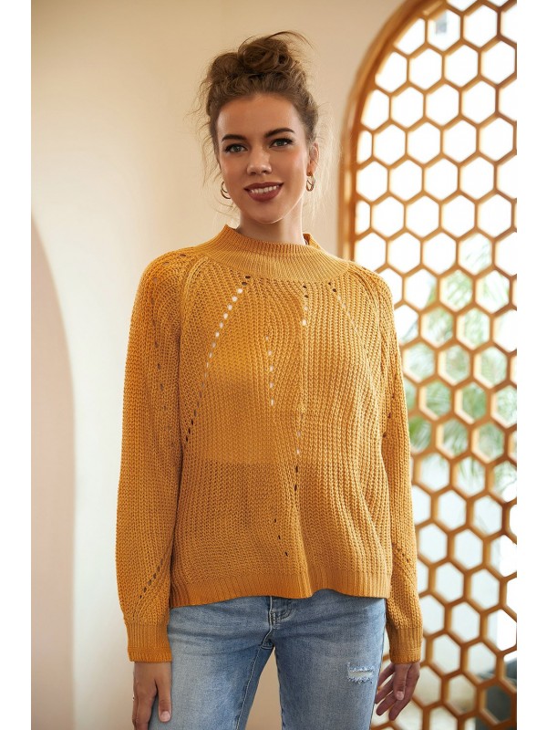 Yellow Pullover Loose Solid Color Long Sleeve Knit Sweater