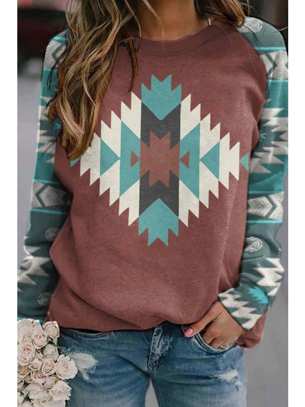 Western Ethnic Geometric Print Long Sleeve Sweatshirt