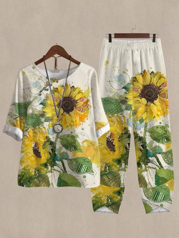 Vintage Sunflower Print Loose Fit Casual Two Piece Suits