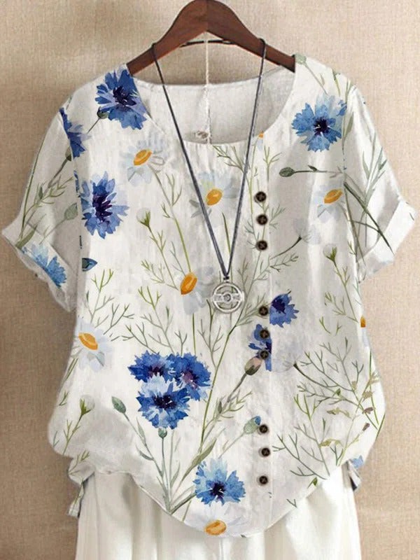 Floral Print Round Neck Buttons Short Sleeves Tshirt
