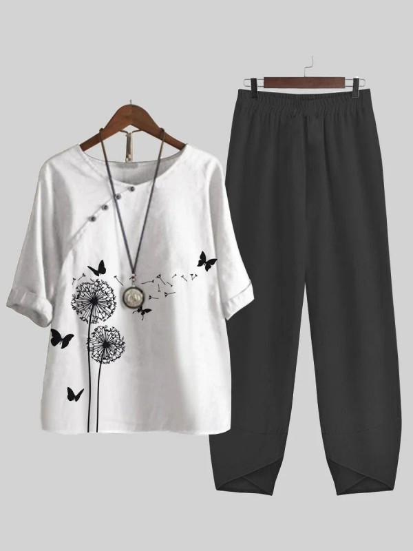 Dandelion Butterfly Print Top And Pants Twopiece Suits
