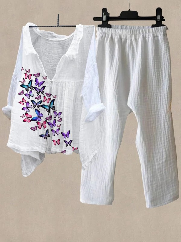 Women's Butterflies Print Shirt Collar Top And Casual Pants Linen Two Pieces