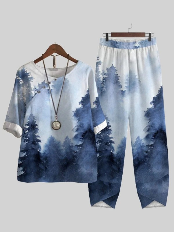 Ink Forest Print Casual Twopiece Suits